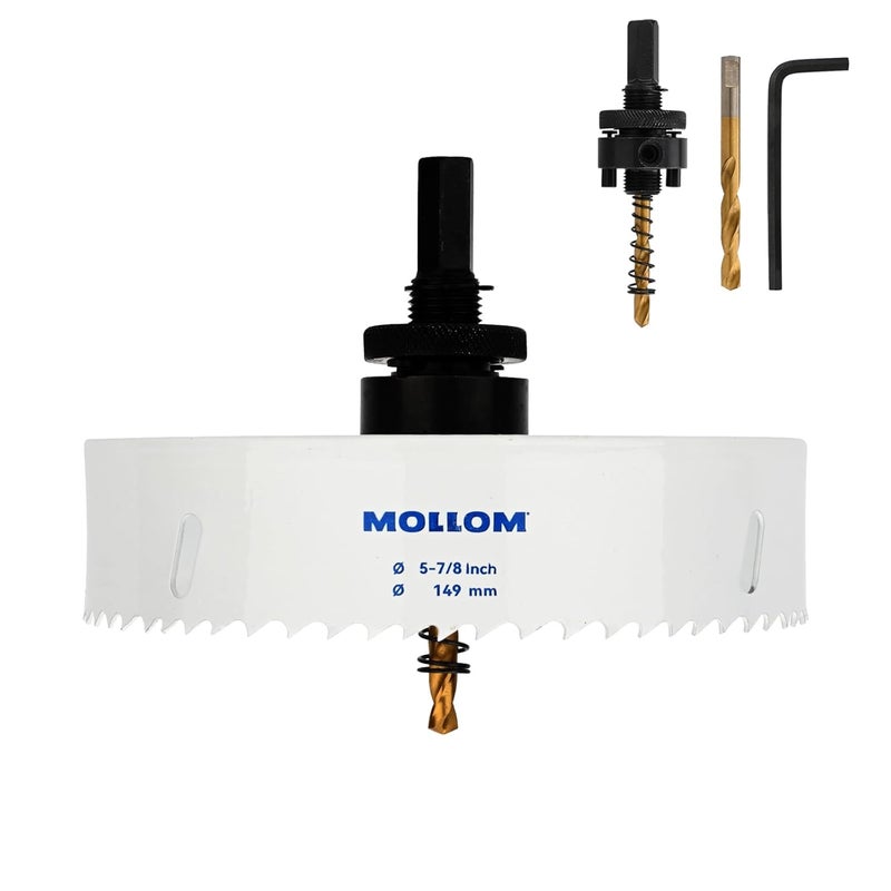 Mollom (149 مم | 5-7/8") منشار ثقب ثنائي المعدن HSS M42 مع 8% كوبالت مع 2 بت حفر رائد وعمود قطع سلس لـ PVC، الجدران الجافة، الخشب، البلاستيك، لوح الجبس، المطاط - Image 1